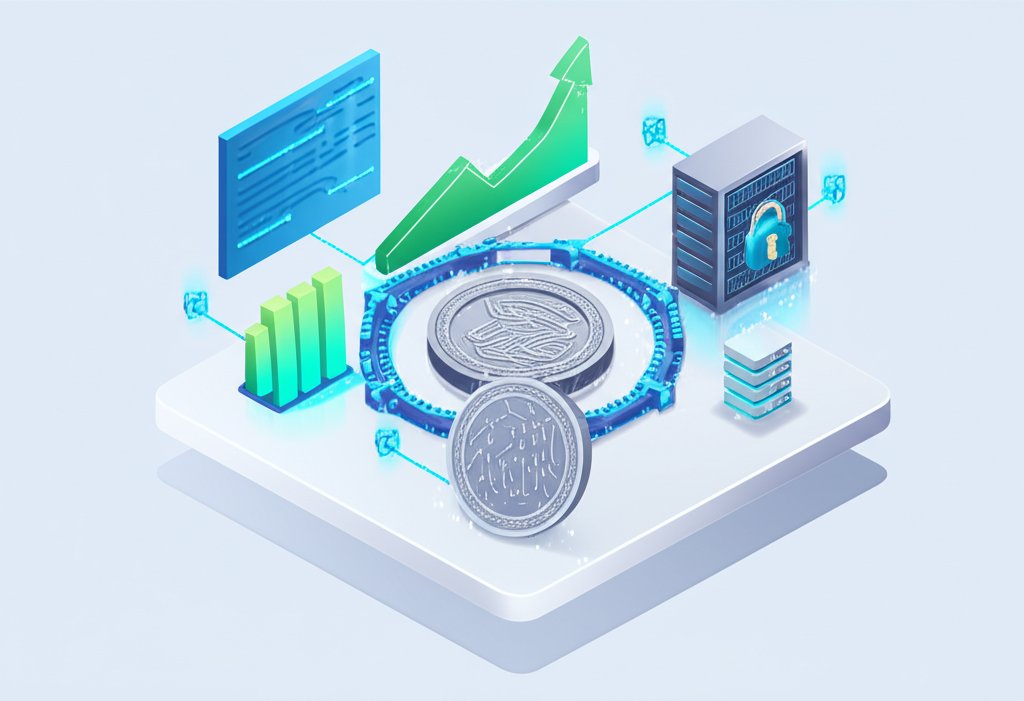 Cryptocurrency coins: Bitcoin, Ethereum, and digital finance assets.