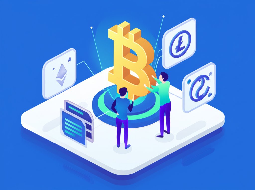 Diagram showing major cryptocurrency types: Bitcoin, Ethereum, stablecoins, altcoins.